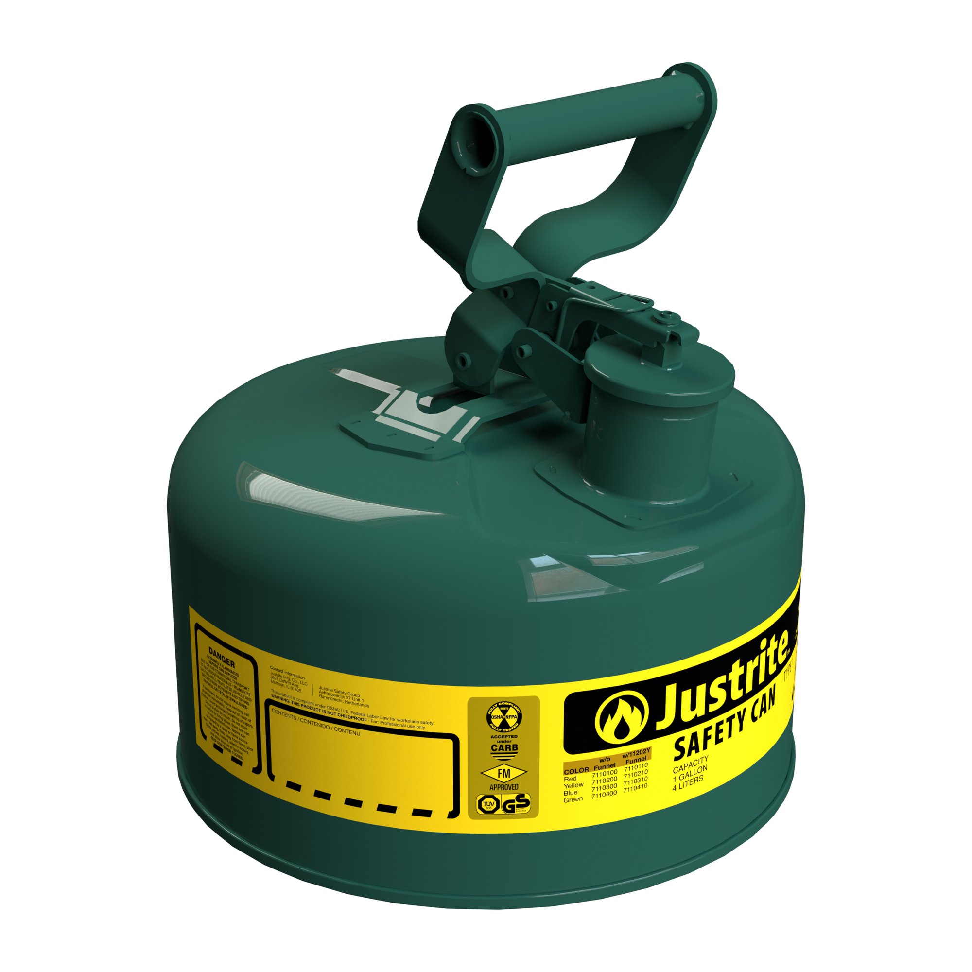 Justrite Type I Steel Safety Can for Oil — 1 Gallon, Flame Arrester, Green, Model# 7110400